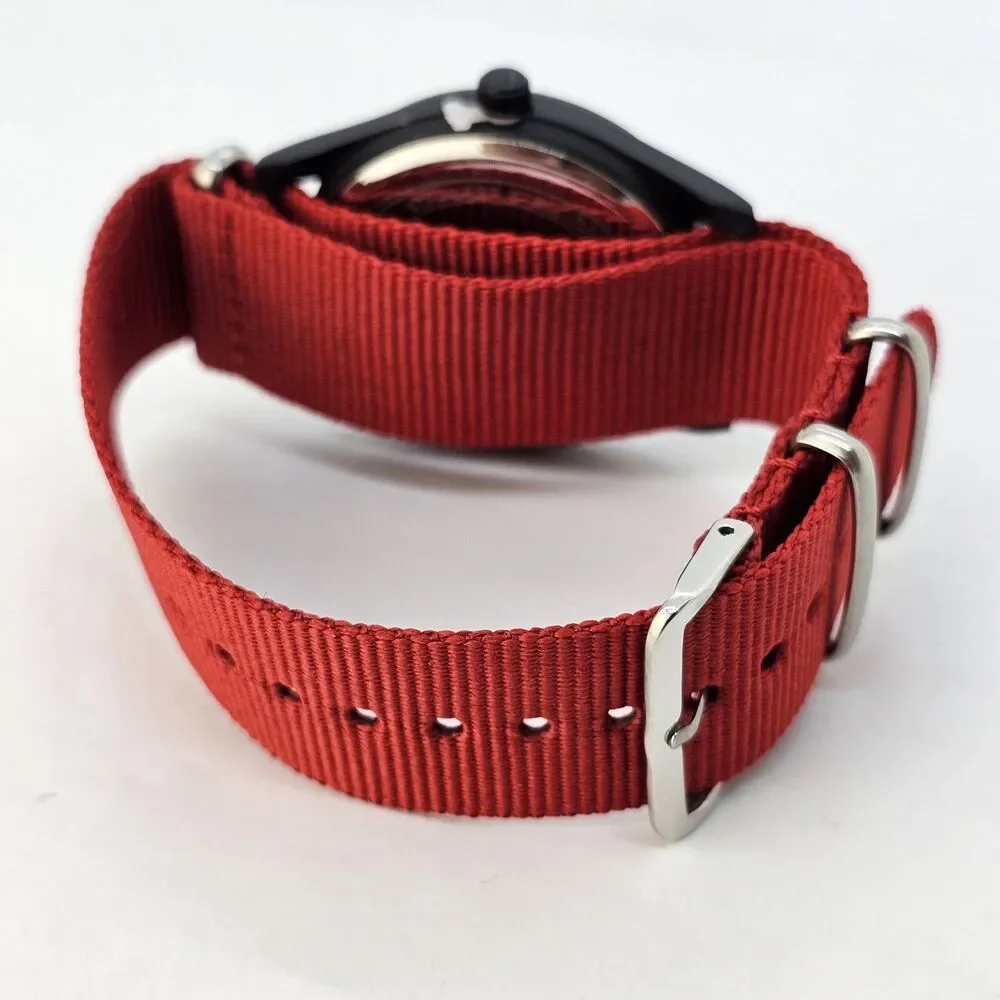 Men's Field Watch 42MM Black‎ Dial Black Case Red Canvas Band